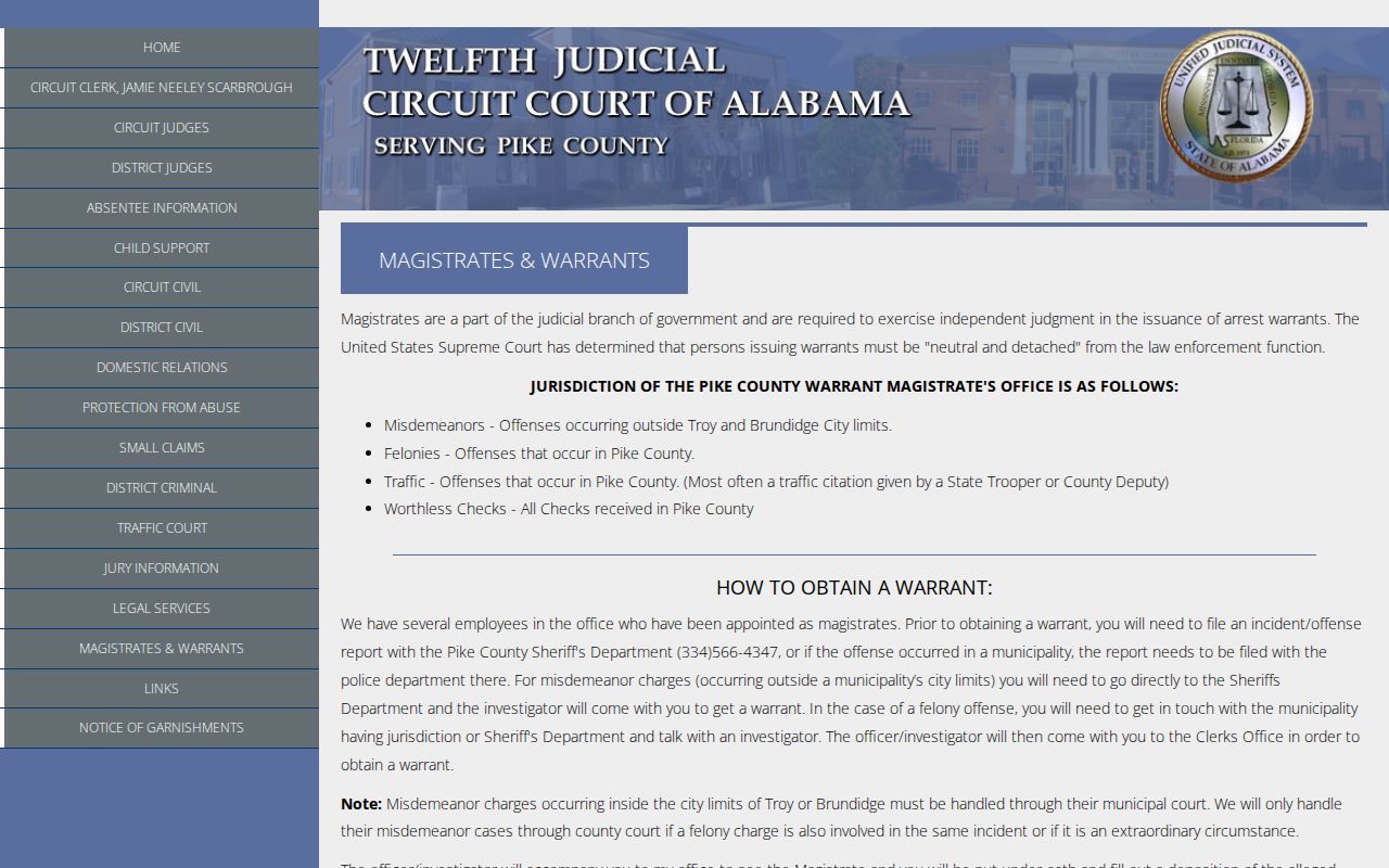 Pike County warrant lookup instructions from Magistrates and Warrants